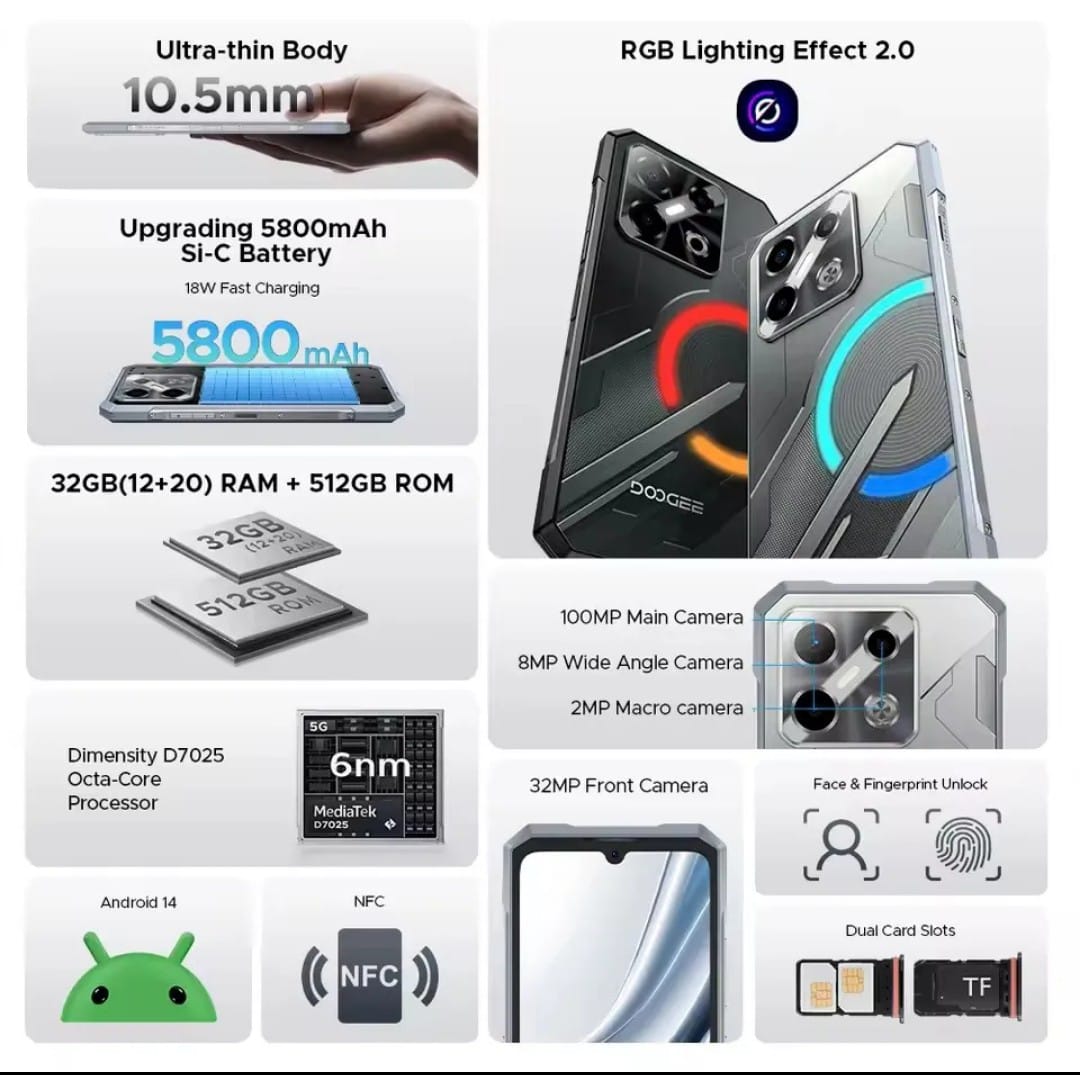 DOOGEE Blade GT Pro 10.5mm Ultra-thin LED light effect 32GB +512GB Android 14 Rugged Phone - Image 6