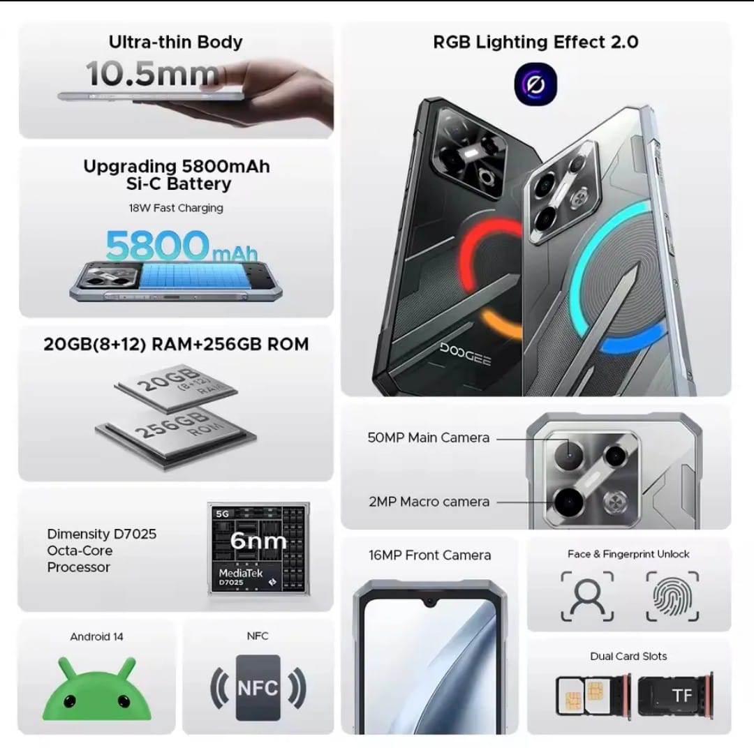 DOOGEE Blade GT Play LED light effect 20GB RAM + 256GB ROM Android 14 Rugged Phone - Image 5